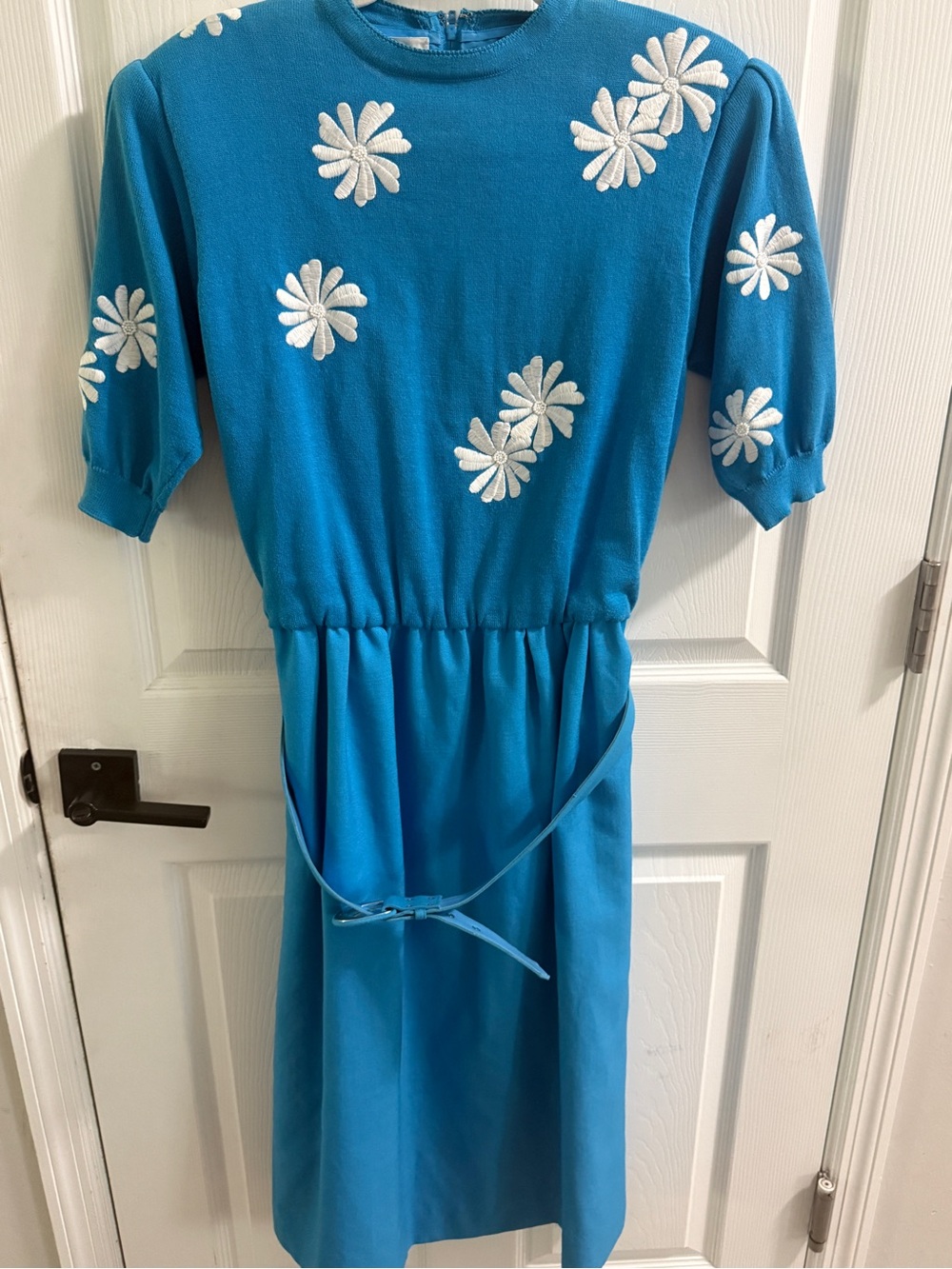 Vintage Ciao Ltd Dress Sz 16 Teal Blue Daisy Embroidered Belted Midi Sleeve